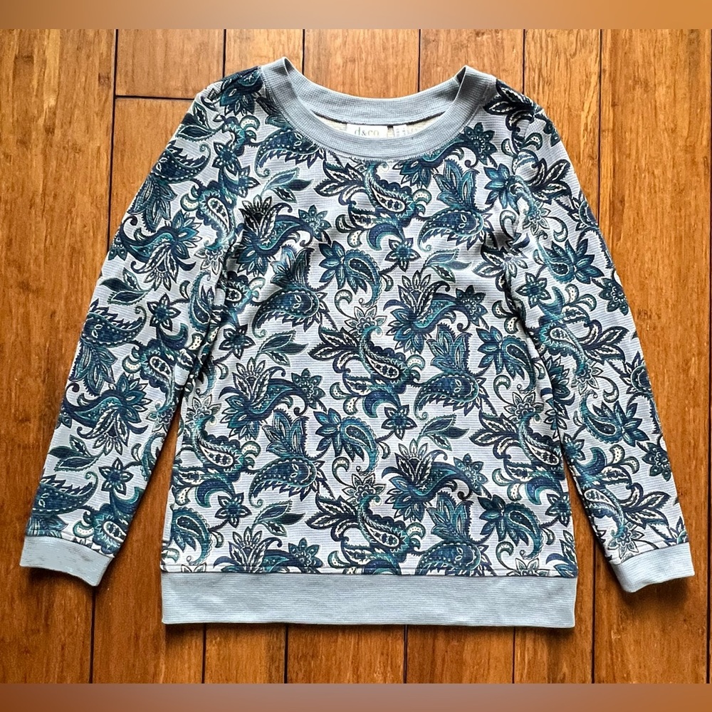 Denim&Co Light Blue Crewneck Sweater with Teal & Navy Paisley Print